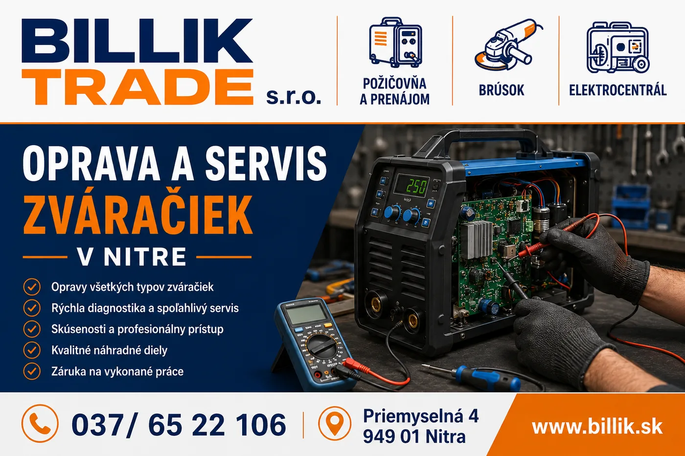 Servis a oprava zváračiek — Billik Trade servisné stredisko Nitra
